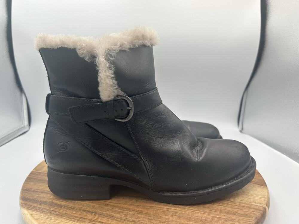 BOC Born Leather Ankle Boots Womens Sz 6.5M Black Faux Shearling Lined Zip Fall